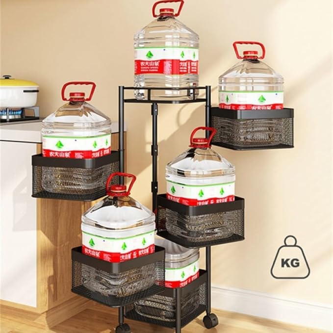 Rotating Rack with Lockable Casters & Removable Stainless Steel Basket, Fruit & Vegetable Storage Rack for Kitchen, Bathroom or Bedroom (Black, 5 Tier)