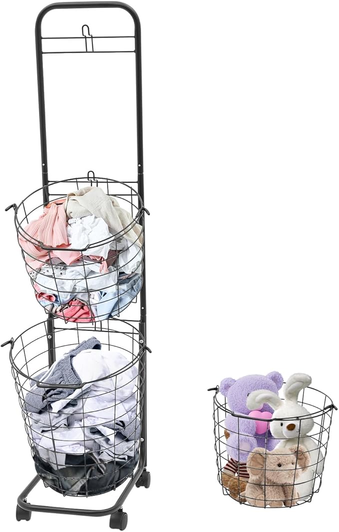Laundry Basket on Wheels,3 Tier Large Laundry Hampers,10.4 * 13 * 48.4inch Clothing Sorting Laundry Baskets,Metal Sorter Storage Trolley shelf basket with wheel for Bathrooms Bedrooms （Black）