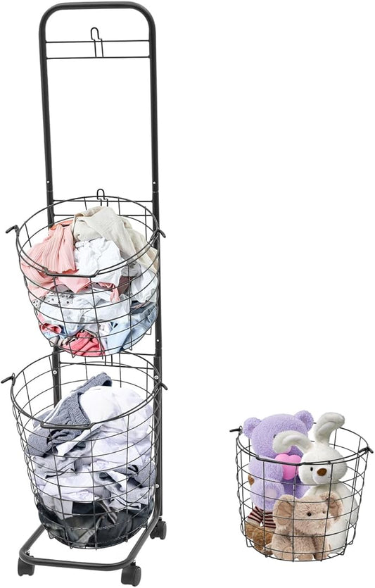 Laundry Basket on Wheels,3 Tier Large Laundry Hampers,10.4 * 13 * 48.4inch Clothing Sorting Laundry Baskets,Metal Sorter Storage Trolley shelf basket with wheel for Bathrooms Bedrooms （Black）