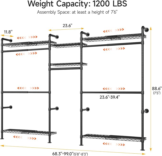 ONBRILL H3 Plus Expandable Wall Mounted Closet System, 5.7FT-8.2FT Closet Organizer with 4 Telescopic Shelves & 5 Adjustable Rods, Industrial Pipe Clothing Rack for Walk-in & Reach-in Closet (Black)