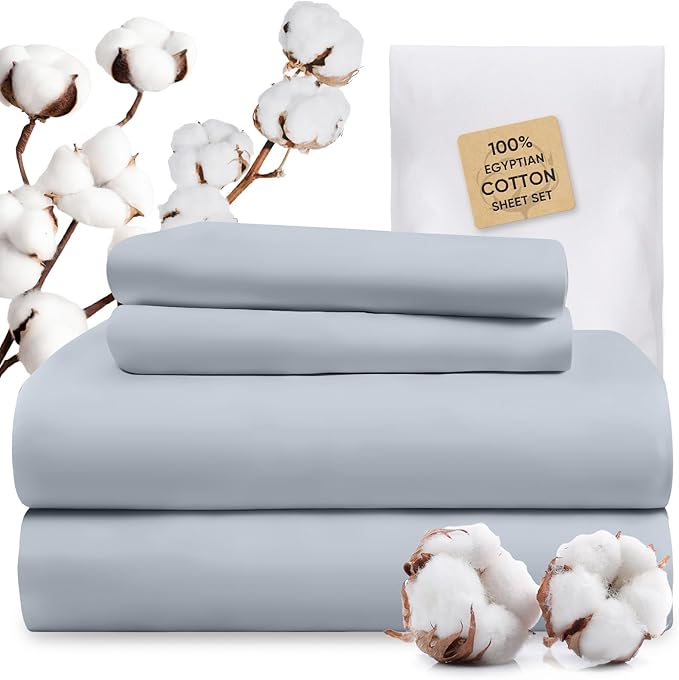 TWK 1200 Thread Count 100% Egyptian Cotton Sheets Bed Set,Thickness,Long-Lasting Durability,Resists Pilling,Deep Pocket Up to 18",with a Laundry Bag (French Blue, California King)