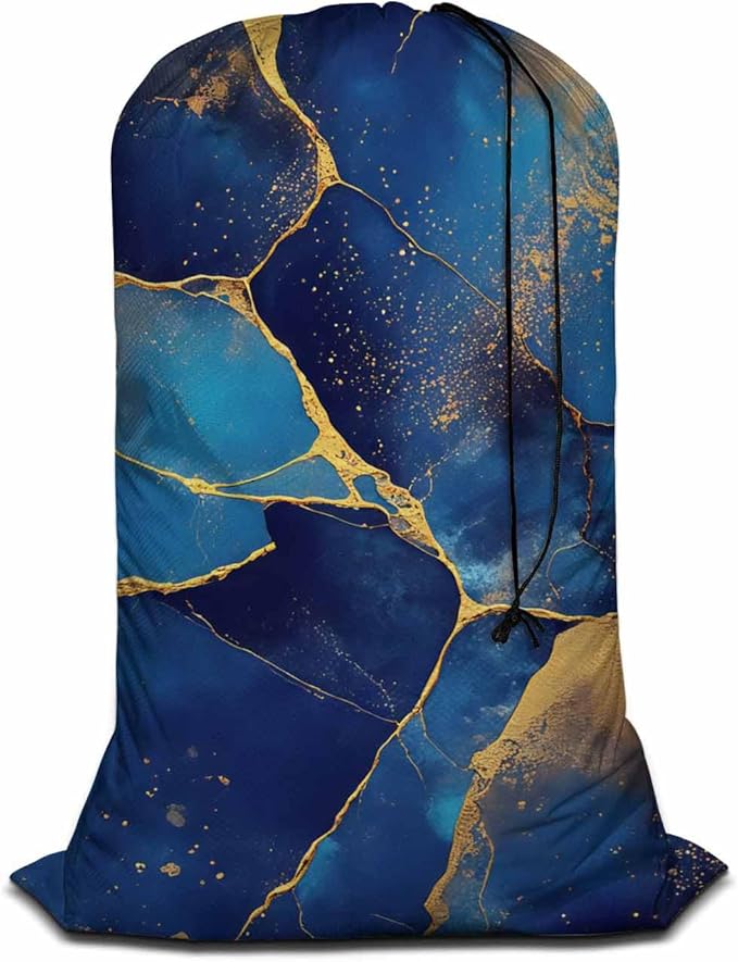 Swono Abstract Fluid Art Large Capacity Laundry Hamper Basket Alcohol Ink Painting Golden Swirls Storage Baskets for Bedroom, Bathroom, Dorm, Washing Room, Oxford Cloth, Blue