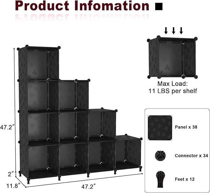 UNKU Cube Storage Organizer, 10 Cube Closet Organizer Storage Shelves, DIY Stackable Bookcase, Clothes Organizer Shelf for Closet, Bedroom, Living Room, Cabinet, Home, Office, Black