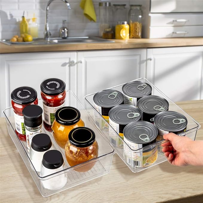 Slideep Kitchen Freezer Food Storage Bin, Plastic Refrigerator Organizer Fridge Storage Containers for Fruit, Yogurt, Snacks, Pasta 11'' -4 Pack
