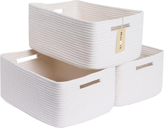 MiniArk Large Storage Baskets for Shelves, Closet Organizers Bins for Clothes Blanket Towels, Baby Nursery, Toy Baskets Box, Woven Rope Baskets, 17 x 13 x 7.5”, 3 Packs Off White