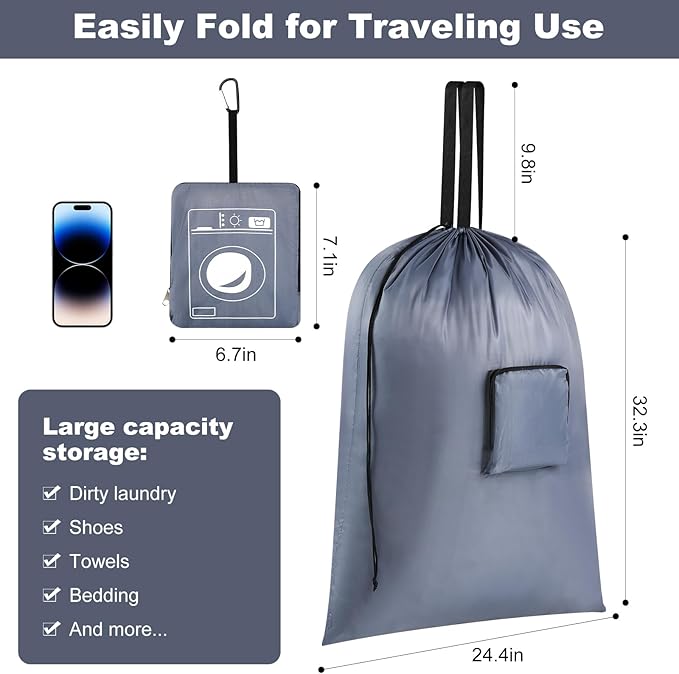 Laundry Bag, 24" x 33" Extra Large Heavy Duty, Nylon, Travel, Camping, Gray, Drawstring Closure
