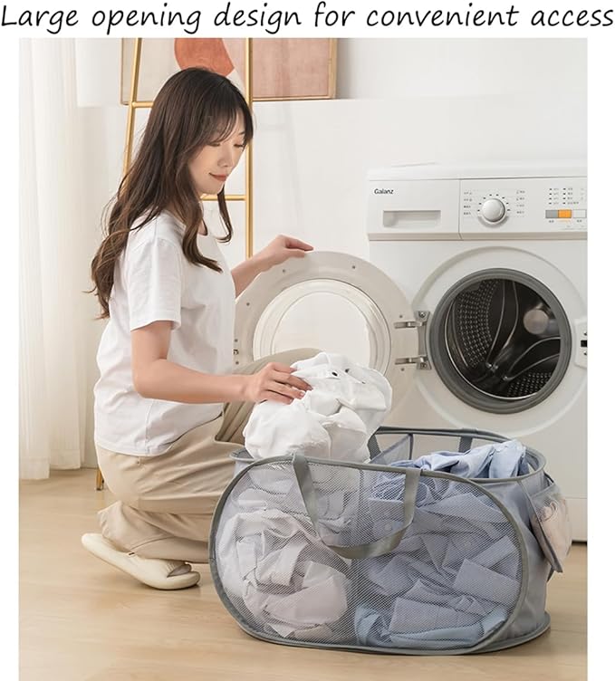 Mesh Laundry Hamper Basket, Sturdy 3 Compartments Laundry Basket, Foldable Pop up Laundry Hamper with Side Pocket for Laundry Room, Bathroom, Kids Room, College Dorm or Travel, Navy
