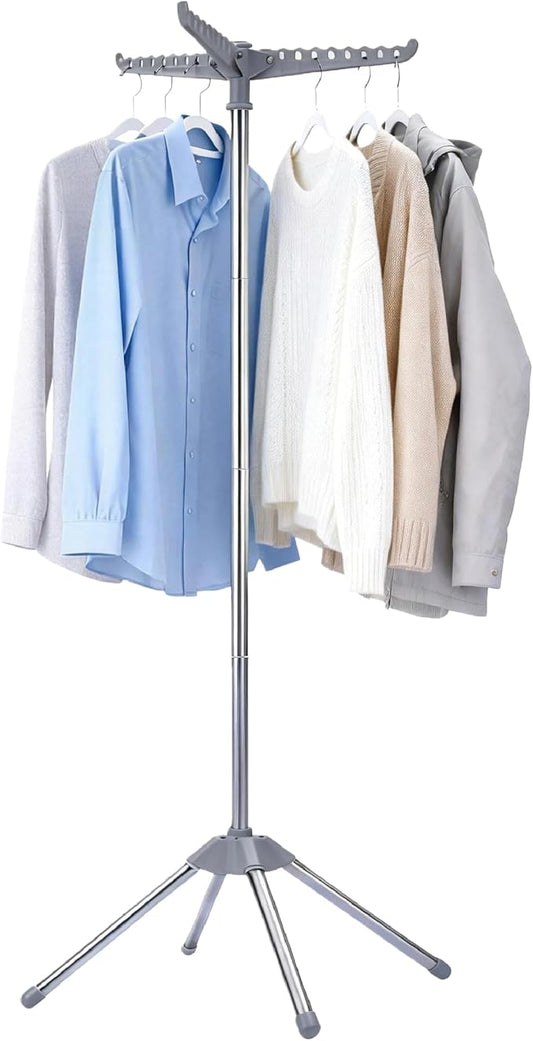 Beaudaily Clothes Drying Rack, Foldable Laundry Drying Rack, Indoor 59-Inch Drying Rack Clothing with 3 Rotatable Arms, Stainless Steel, Holds 27 Pieces, Space Saving, Portable, Grey and Silver