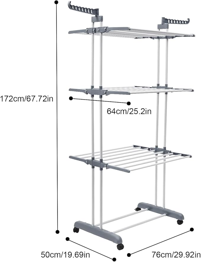 Clothes Drying Rack, 4-Tier Foldable Stainless Steel Drying Rack, Movable Laundry Drying Rack with 4 Casters (2 with Brakes), Heavy-Duty Drying Rack for Indoor Outdoor Use, Balcony, Patio, Bathroom