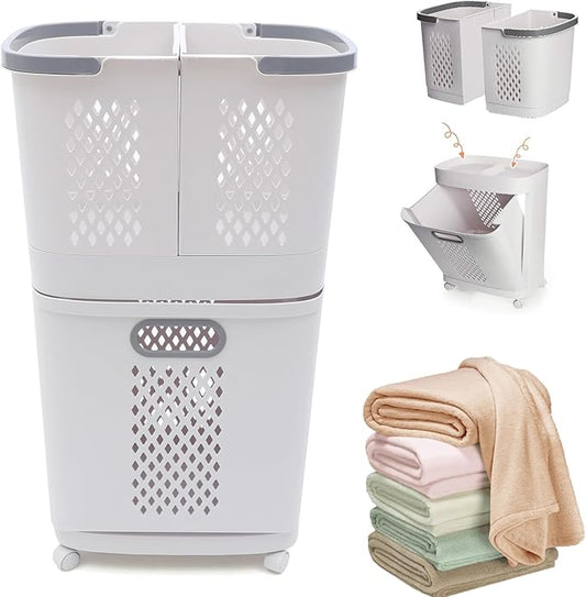 Laundry Basket on Wheels, 3 Section Detachable Laundry Hamper with Handle Dirty Clothes Hamper Clothes Storage Laundry Sorter