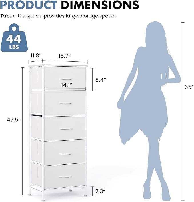DUMOS Nightstand with 5 Drawers Bedside Table with Removable Fabric Bins Sturdy Steel Frame Wood Top Organizer Furniture for Bedroom Nursery Closet Living Room, White