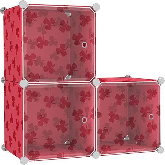 C&AHOME Cube Storage Organizer with Doors, 3-Cube Shelves, DIY Plastic Modular Bookshelf, Closet Clothes Storage Shelving Ideal for Bedroom, Living Room, Clover Embossed, Red