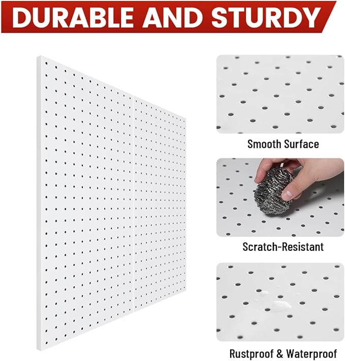 Metal Pegboard Wall Organizer System, 12x24 in Heavy-Duty Steel Peg Board with 38 Hooks, Modular Expandable Pegboard for Garage, Workshop & Home Organization (White, 4 Pack)