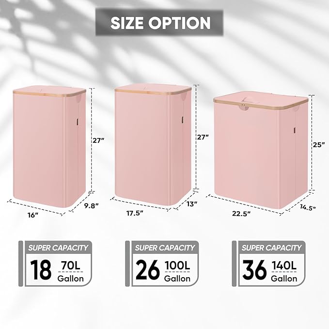 BALEINE Laundry Hamper with Lid, Tall Laundry Baskets with Bamboo Pull Handles, Large Laundry Bin with Internal Support (18 Gal/70L, Pink)