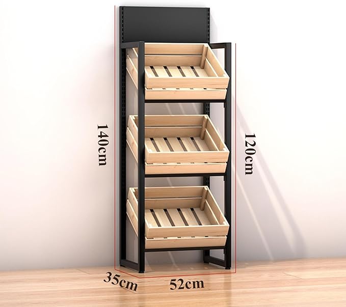3/4 Tier Fruits & Vegetables Kitchen Shelf Rack Display,Retail Snack Stand, Large Solid Wood Floor Multi-layer Storage Frame for Commercial Supermarket(B-3 Tier)