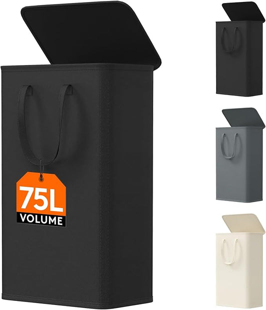 Lifewit 75L Slim Small Laundry Hamper, Laundry Basket with Lid, Dirty Collapsible Clothes Storage with Easy Carry Extended Handles, Tall Hampers for Bedroom Laundry Room, Black, 1 Pack