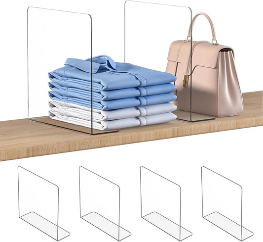 OKPOW Shelf Dividers Closet Organizer - 12" Tall X 11.8" Deep Acrylic Clear Sturdy Separate for Clothes Purse - Adjustable Space Saver Easy Install for Home Organization Enthusiasts 4 Pack