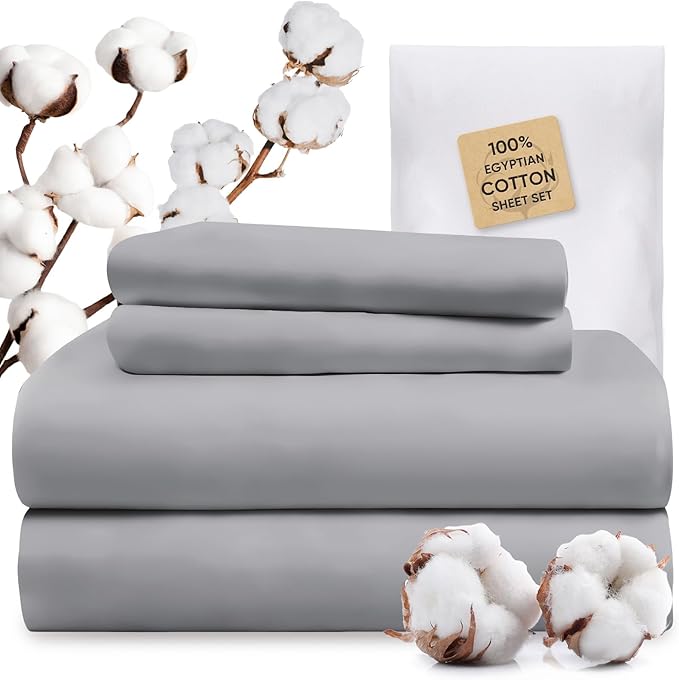 TWK 1200 Thread Count 100% Egyptian Cotton Sheets Bed Set,Thickness,Long-Lasting Durability,Resists Pilling,Deep Pocket Up to 18",with a Laundry Bag (Gray, Full)