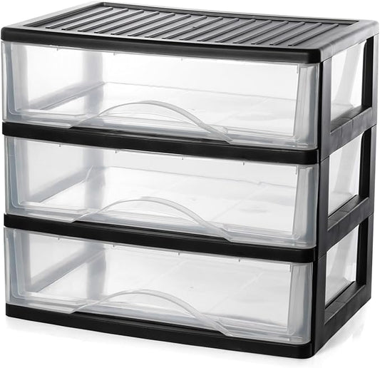 BYCY Medium 3 Drawer Plastic Clear Stacking Desktop Organizer for Office Supplies, Stackable Storage Drawers Storage Bins For Kitchen Cabinets, Pantry, Home Organization (Black, Medium 3Drawer)