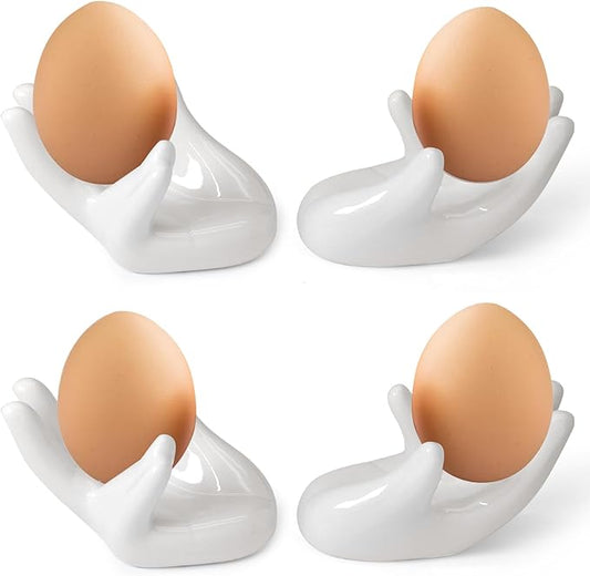 4 Pcs Creative Ceramic Egg Stands, Porcelain Egg Holders Hand Shaped Egg Cups Holder for Hard Boiled Eggs in Living Room, Restaurant and Dining Table for Breakfast, Display
