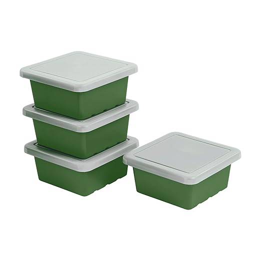 ECR4Kids Stackable Square Bins with Non-Snap Lids, Multipurpose Organization, Hunter Green, 4-Pack