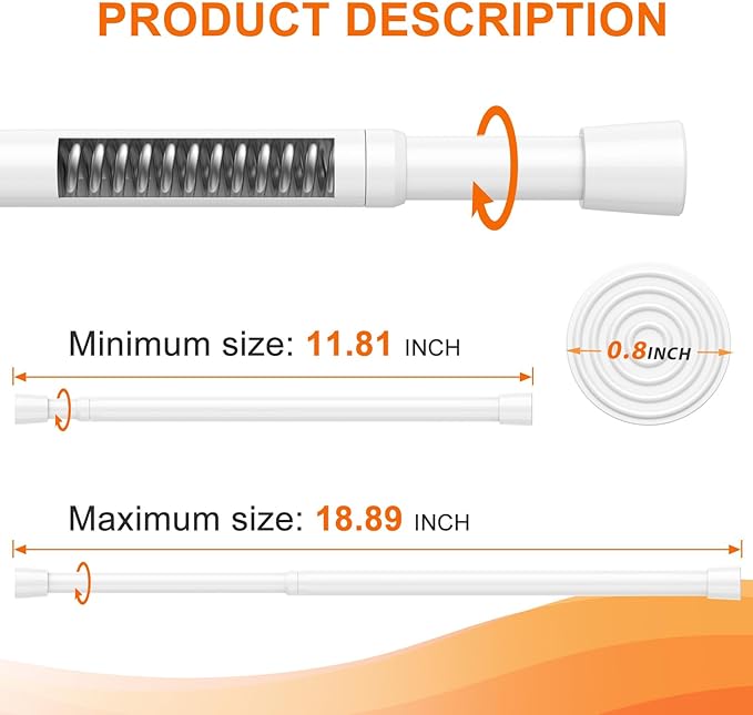 2Pack Samll Tension Curtain Rod No Drilling 12 to 18 Inch Short Spring Tension Rod Adjustable Spring Loaded Curtain Rods for Narrow Window Doorway Cupboard Kitchen Cabinets Closet, White