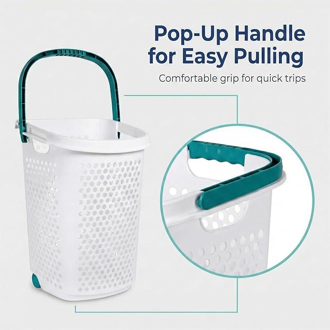 2 Bushel Rolling Laundry Hamper with Wheels & Retractable Handle, Large Capacity Plastic Laundry Basket on Wheels, Airy Hollow Design, White with Teal Accents, 15.47 x 20.11 x 25.00 Inches