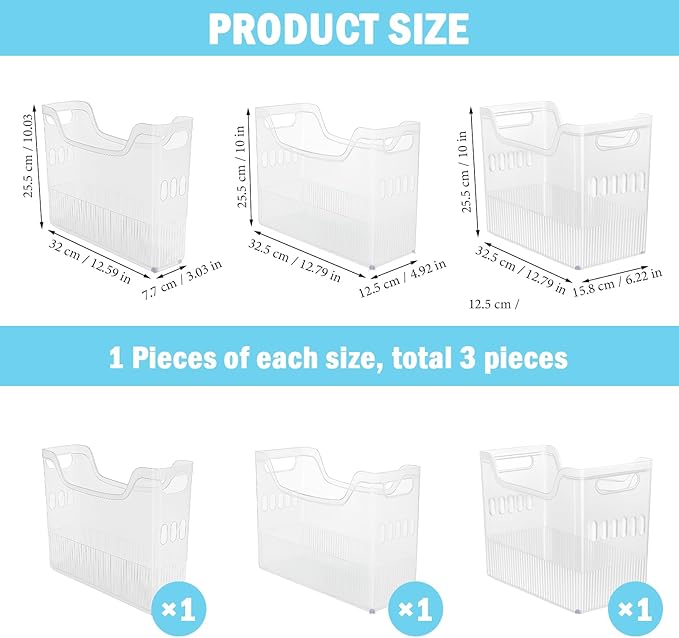 3 Pcs Plastic Freezer Organizer Bins with Wheel, Tall Narrow Pantry Organizer Kitchen Organization Rolling Bins Snack Storage Containers for Fridge, Cabinet, Bathroom, Office (3 Sizes)