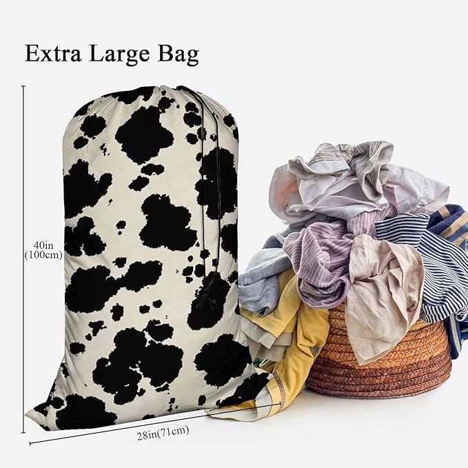 Swono Cowhide Drawstring Closure Dirty Clothes Bag Organizer, Heavy Duty Large Laundry Bag, Animal Skin Camouflage Mammals Fur Rip-Stop Bags for Camp Travel, Machine Washable, Wildlife