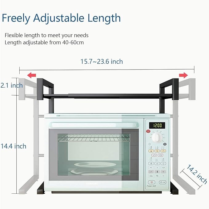 PUSDON Adjustable Carbon Steel Microwave Oven Rack, 2-Tier with 3 Hooks, 55lbs Weight Capacity, Black