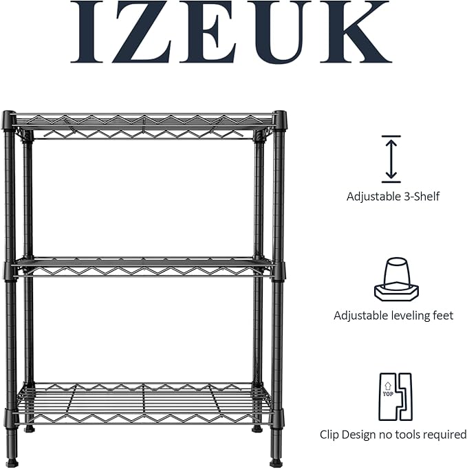IZEUK 3-Tier Small Storage Shelf Wire Shelving Unit Metal Shelf Adjustable Organizers Storage Shelving for Bathroom Laundry Room Kitchen Pantry, 750 lbs Capacity, Black, 11.8" D x 25.6" W x 31.5" H