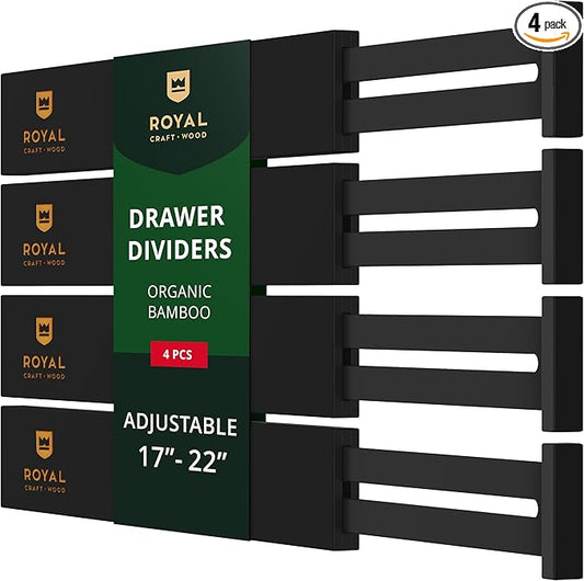 Bamboo Drawer Dividers Organizers, Adjustable Drawer Separator Splitters, 17–22 Inches Expandable Drawer Divider Organizer for Large Utensils, Kitchen, Bedroom, Dresser & Office Drawers 4-Pack, Black