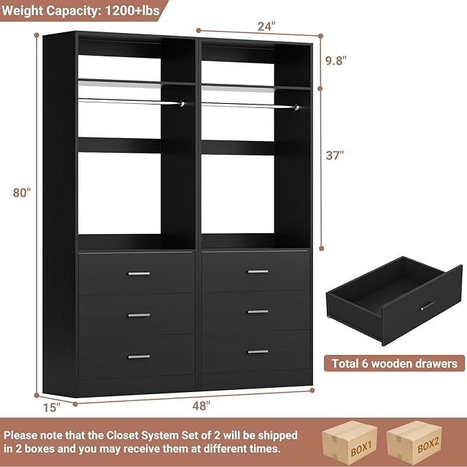 Besiost Closet System Set of 2, 4FT Closet Systems with 6 Wood Drawers, 48" Closet Organizer System with 2 Hanging Rods & 2 Shelves, Heavy Duty 48 Inch Walk-in Closet, Black (48"L x 15" W x 80" H)