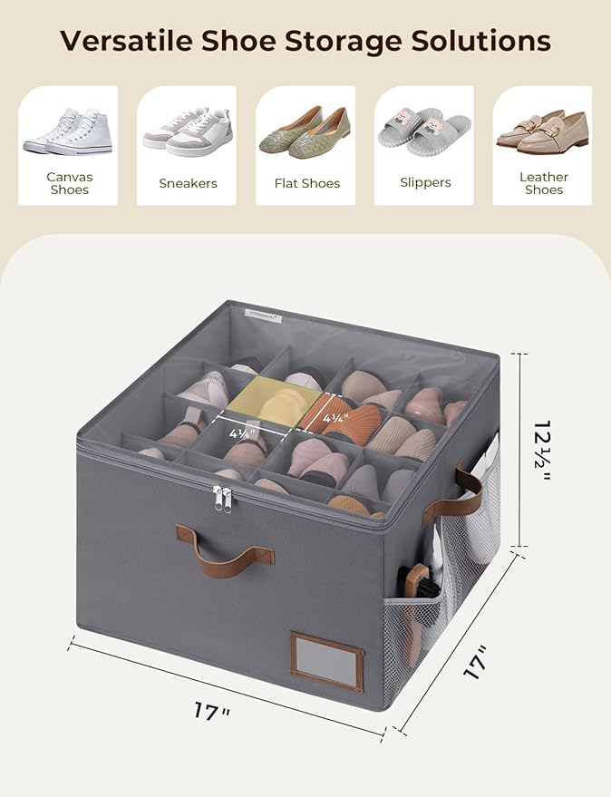 StorageWorks Shoe Organizer for Closet, Fabric Shoe Storage Boxes for Slippers and Sandals, Stackable Shoe Bins for Closet with Side Mesh Pockets, Holds Up to 16 Pairs, Gray