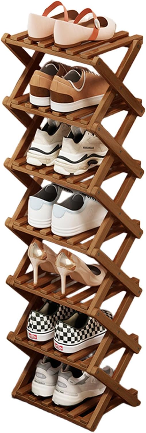 7 Tier Natural Bamboo Shoe Rack,Foldable Space Saving Shoe Storage Organizer,Easy Assembly & Strong Design Shoes Stand Shelf Organiser for Closet (Brown, Seven Layers)
