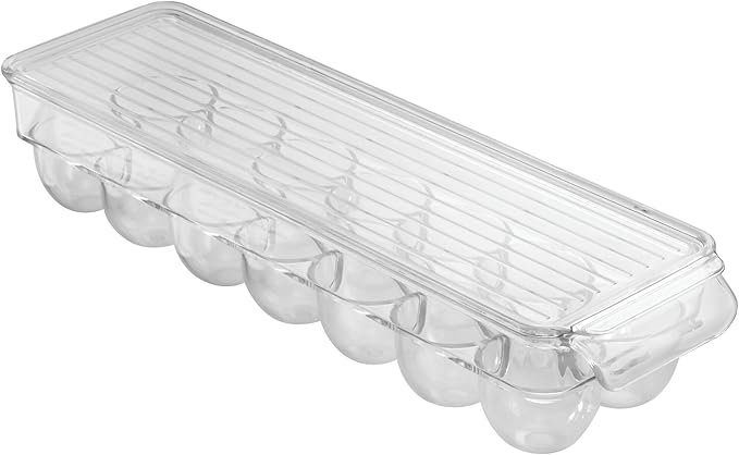 iDesign Minimalist Clear Plastic Recycled Egg Holder - Holds 14 Eggs - Fridge & Freezer - Portable Handle - Stackable - 14.6 x 4.3 x 3 inches