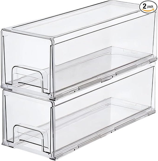 Clear Plastic Stackable Storage Drawers Bins, Perfect for Kitchen Pantry Organization and Storage, Under Sink Organizer, Pull Out Cabinet Organizer, Makeup, Bathroom Storage Containers for Organizing