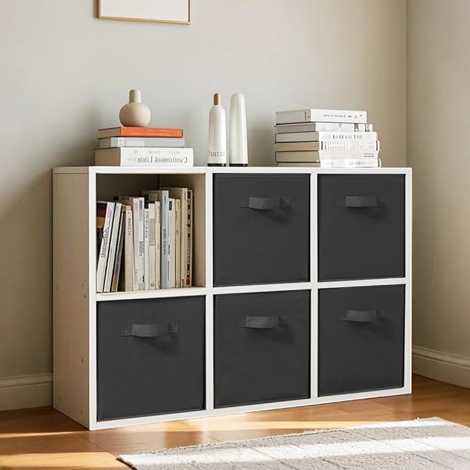 11x11 Inch Storage Bins Cubes, Fabric Foldable Storage Box, Collapsible Closet Organizer for Clothes, Blankets, Office, Bedroom, Living Room, Shelf Cabinet, Bookcase, Black, 5 Pack