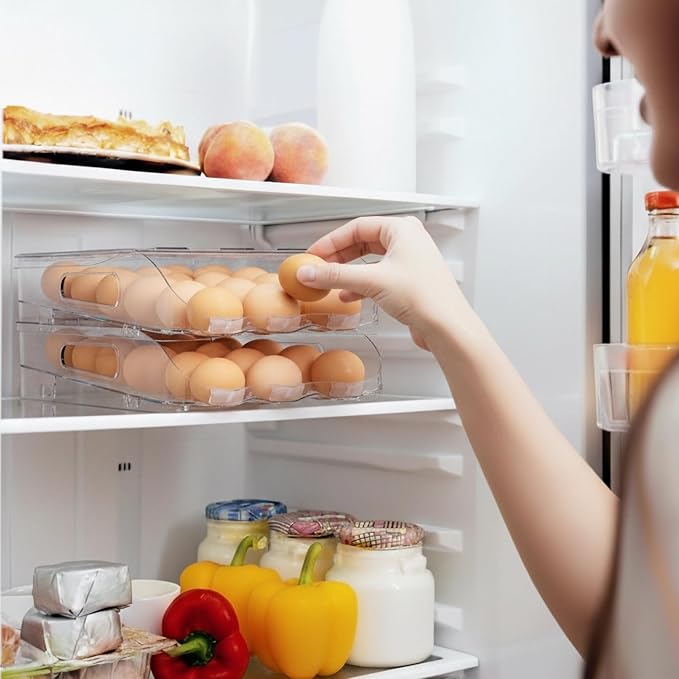 SMRCAD Egg Holder for Fridge, Automatic Steady Rolling Egg Container with Soft Bumpers & Handle for Refrigerator, Stackable Fridge Organizers and Storage with Lid