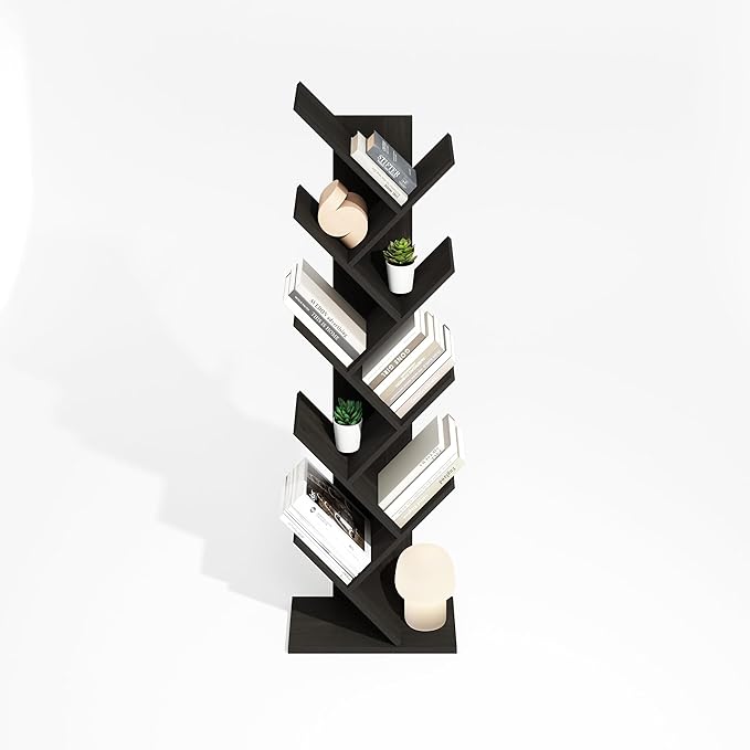 Furinno Tree Book Shelf, 9-Tier Bookshelf, Tree Bookcase for Room Decor, 8.4 x 15.7 x 50.9, for Living Room, Bedroom, Home Office, Black Espresso