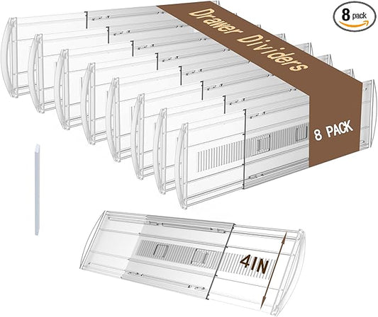8 Pack Adjustable Drawer Dividers for Clothes,4" High Clear Expandable From 13-21" Drawer Organizers, PC Plastic Separators for Dresser/Bedroom/Bathroom/Kitchen/Office Storage,Easy to Assemble