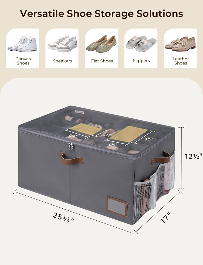 StorageWorks Shoe Organizer for Closet, Shoe Storage Containers for Entryway, Fabric Shoe Cubby Storage for Slippers and Flats, Shoe Storage Bins with Side Mesh Pocket, Fits up to 20 Pairs, Gray