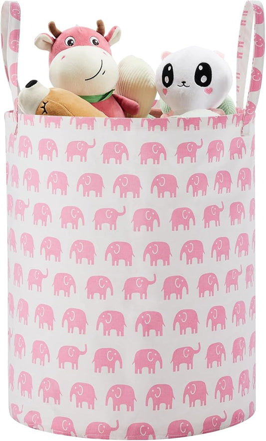 Large Storage Basket for Girls and Boys, Collapsible Laundry Hamper with Long Handles, Toy Bins for Nursery, Kids Room Décor Pink Elephant