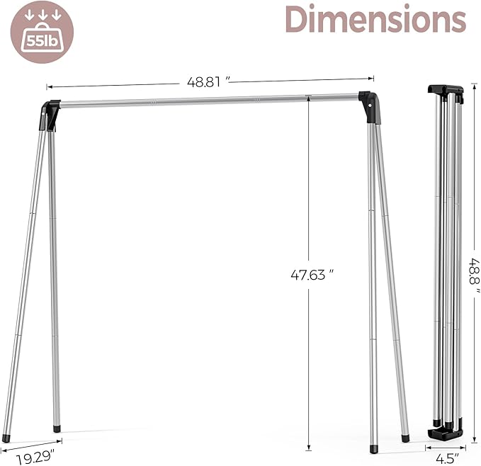 TOOLF Clothes Drying Rack Foldable, Laundry Drying Rack Stainless Steel, Portable Clothes Rack, Clothing Garment Rack, Drying Rack for Clothing, Indoor Outdoor, Free-Standing, Large Capacity
