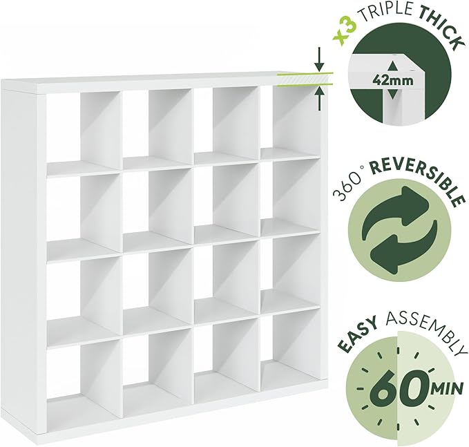 Furinno Cubicle Book Shelf, 16-Cube Bookshelf, Triple Thick Frame Cube Storage Organizer, 1.65" Bookcase, 15.4 x 57.4 x 56.9, for Home Office, Living Room, Plain White