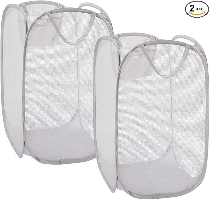 Foldable Pop Up Laundry Hamper – Set of 2 Collapsible Mesh Baskets with Handles for Kids, Baby, Dorm or Travel, Dual-Use Laundry Organizers for Clothes, Toys, Storage – Gray