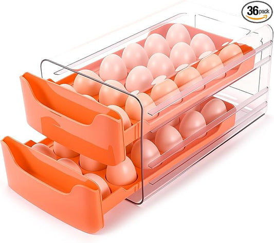 36-Egg-Holder for Fridge, Egg-Storage for Refrigerator Countertop, 2 Tier Dispenser with Drawer, Stackable Clear Egg Tray Container, Egg Organizer, Fits Large Eggs, Orange