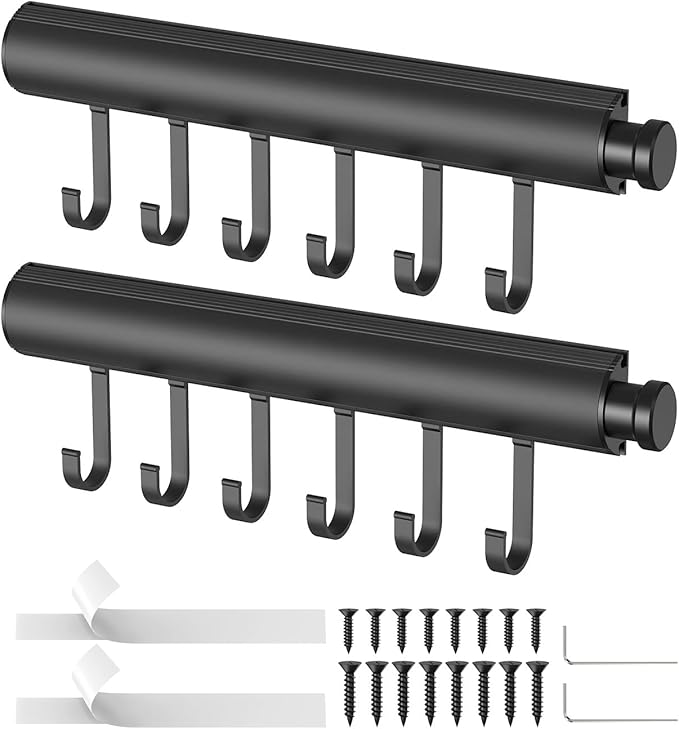 12 inch Valet Rod for Closets Pull Out, Closet Rods Extenders for Hanging Clothes Telescoping Adjustable With 6 Hooks (Black, 12 Inch-2 Pack)