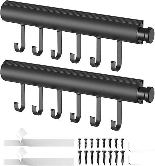 12 inch Valet Rod for Closets Pull Out, Closet Rods Extenders for Hanging Clothes Telescoping Adjustable With 6 Hooks (Black, 12 Inch-2 Pack)