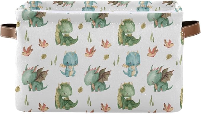 xigua Cute Dragon Storage Basket Collapsible Storage Bins Waterproof Canvas Storage Basket with Leather Handles for Home Closets Offices,Bedrooms,Gift Baskets,1PCS